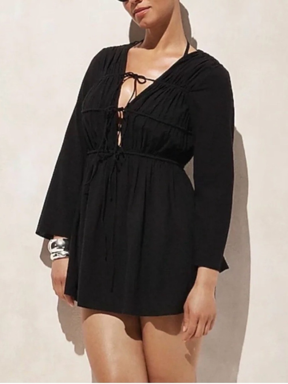 J. Crew Black Long-Sleeve Tiered Tie-Front Mini Tunic Dress Beach Cotton XS